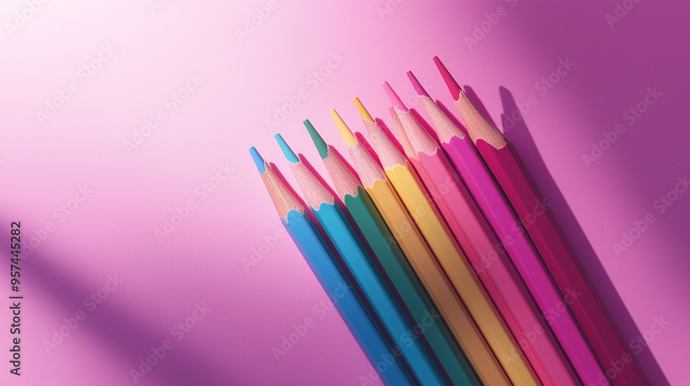 a set of colored pencils arranged in a fan shape against an isolated dusty rose pink background a set of colored pencils arranged in a fan shape against an isolated dusty rose pink background