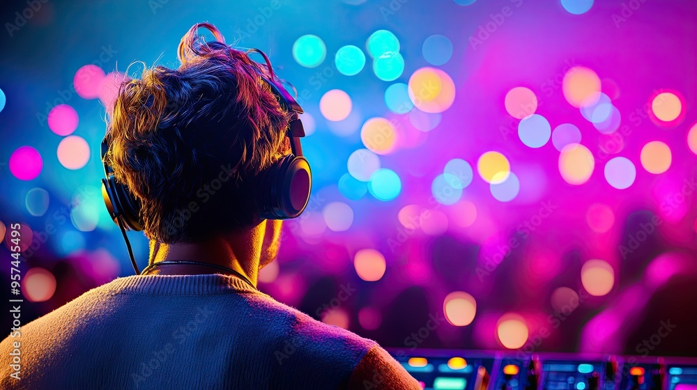 Ethereal Nightclub Vibes: DJ in Action Amid Colorful Lights and Energetic Crowd Ethereal Nightclub Vibes: DJ in Action Amid Colorful Lights and Energetic Crowd