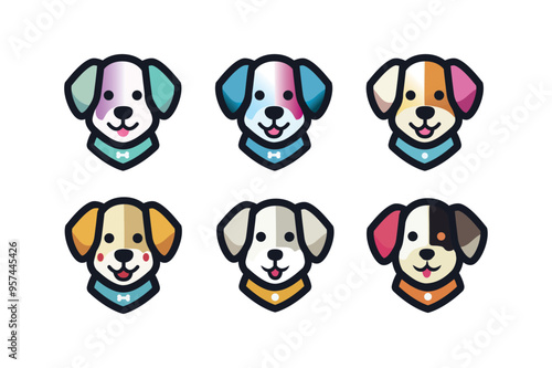 Doggy Icon illustration set of 6 - Playful and Colorful Dog Icon sheet with Happy Expression  Perfect for Pet-Themed Branding, Mobile Apps, and User Interface Design, orange, grey, red