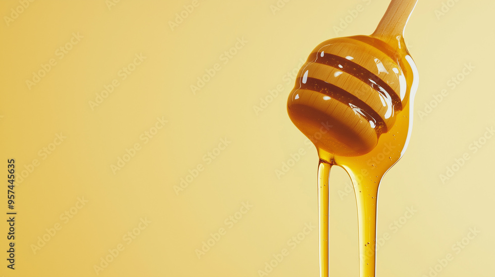 a single honey dipper with dripping honey against an isolated light buttercream background a single honey dipper with dripping honey against an isolated light buttercream background