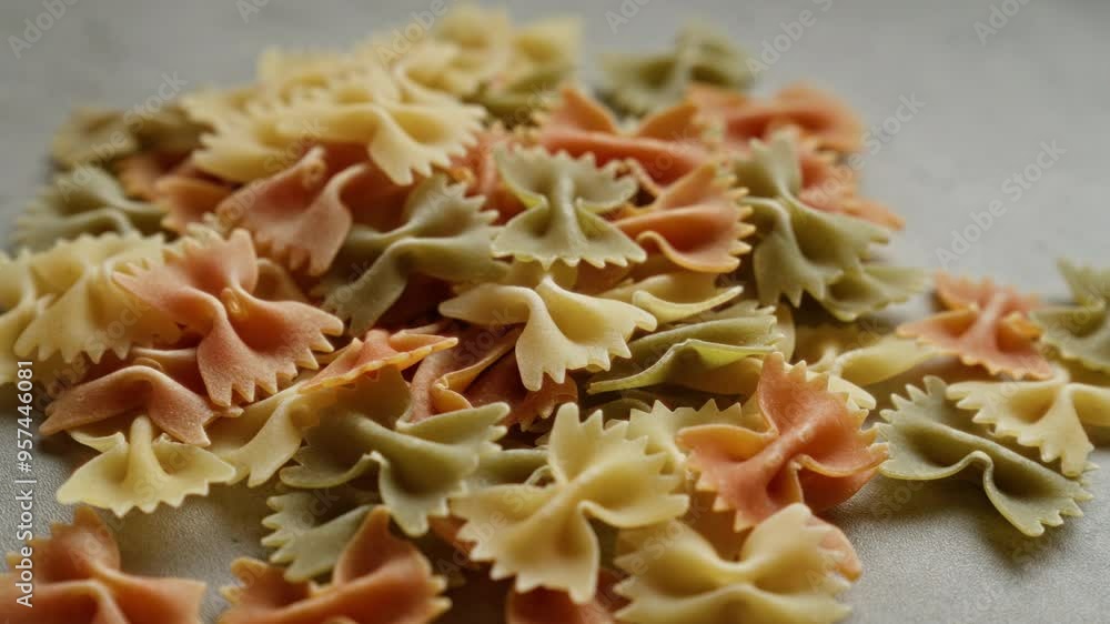 Colorful pasta scattered on a concrete surface featuring various shades of bow-tie shapes in green, orange, and yellow exemplifying italian cuisine staples Colorful pasta scattered on a concrete surface featuring various shades of bow-tie shapes in green, orange, and yellow exemplifying italian cuisine staples