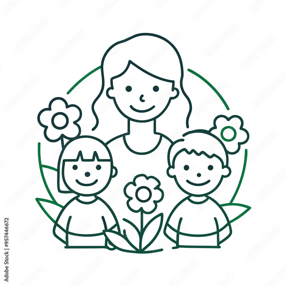 A line drawing illustration of a mother and her two children smiling, surrounded by flowers and greenery. A line drawing illustration of a mother and her two children smiling, surrounded by flowers and greenery.