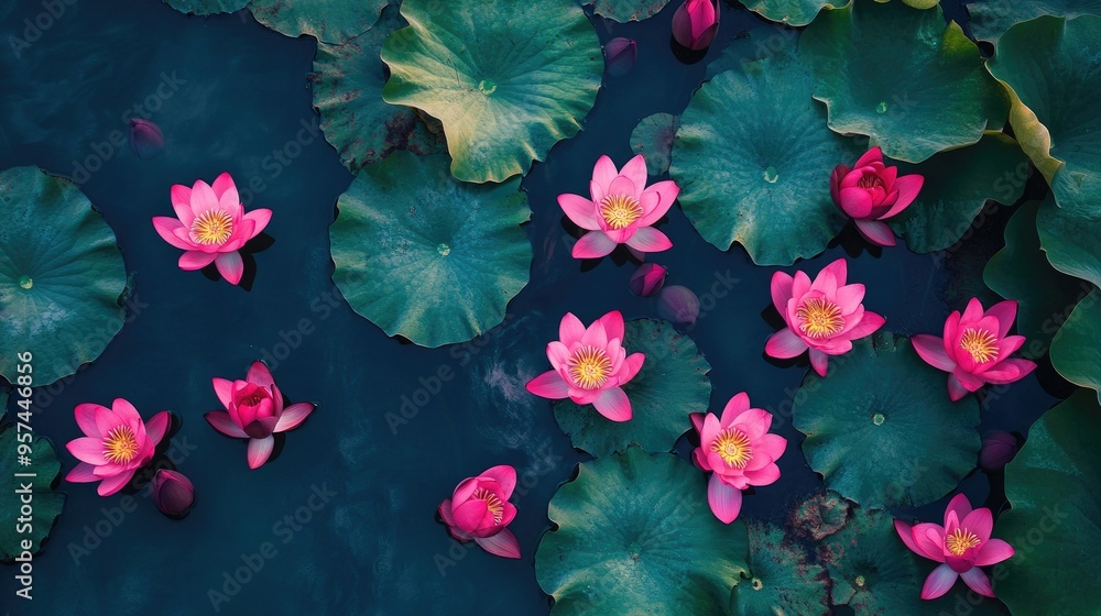Stunning pond of colorful lotuses, captured from above, with a realistic background showcasing the natural beauty of these blooming flowers Stunning pond of colorful lotuses, captured from above, with a realistic background showcasing the natural beauty of these blooming flowers