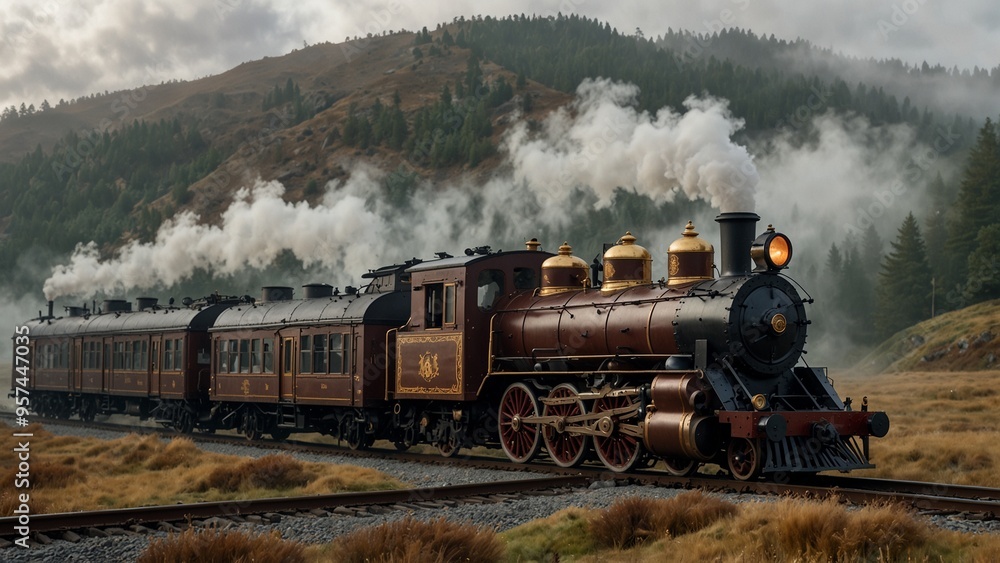 Obraz premium A steampunk train station where carriages are enveloped in gears and steam, set against a foggy valley backdrop.