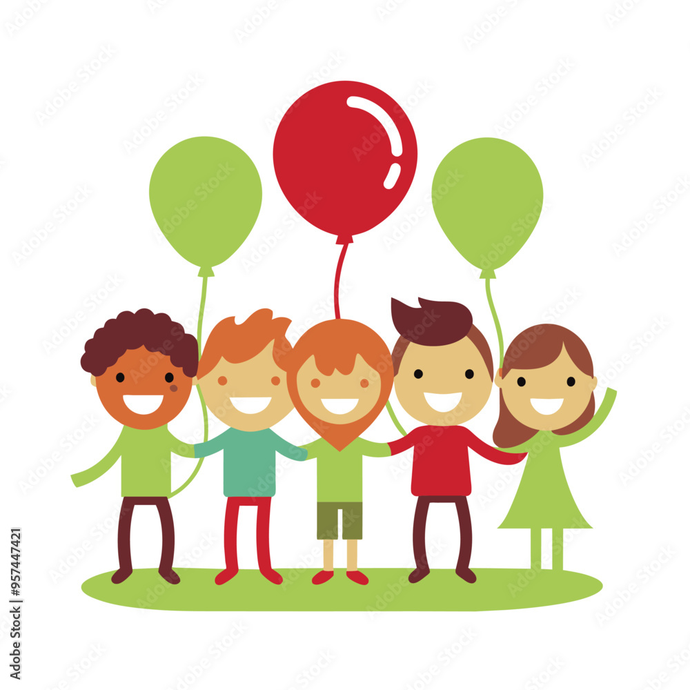 A heartwarming illustration of five happy children of different ethnicities holding green and red balloons, standing together on a green grassy patch A heartwarming illustration of five happy children of different ethnicities holding green and red balloons, standing together on a green grassy patch