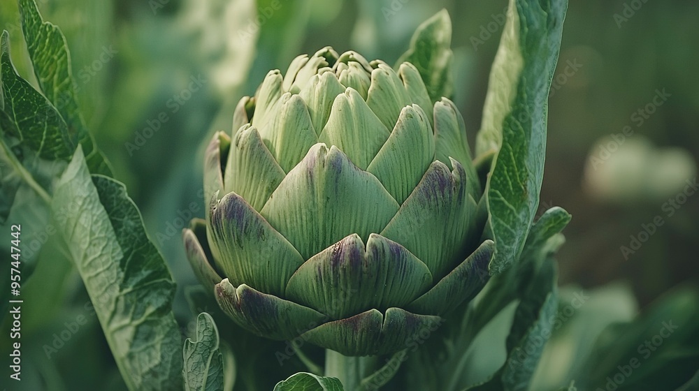 Fototapeta premium An artichoke grows amidst green leaves with a blurred background in the foreground