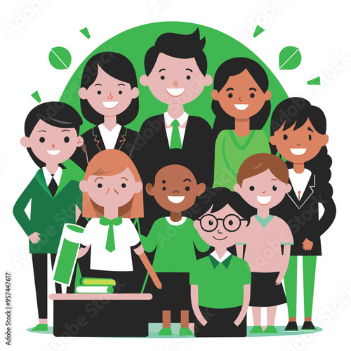 A heartwarming illustration of a diverse group of students in a classroom setting, learning together and sharing a joyful moment