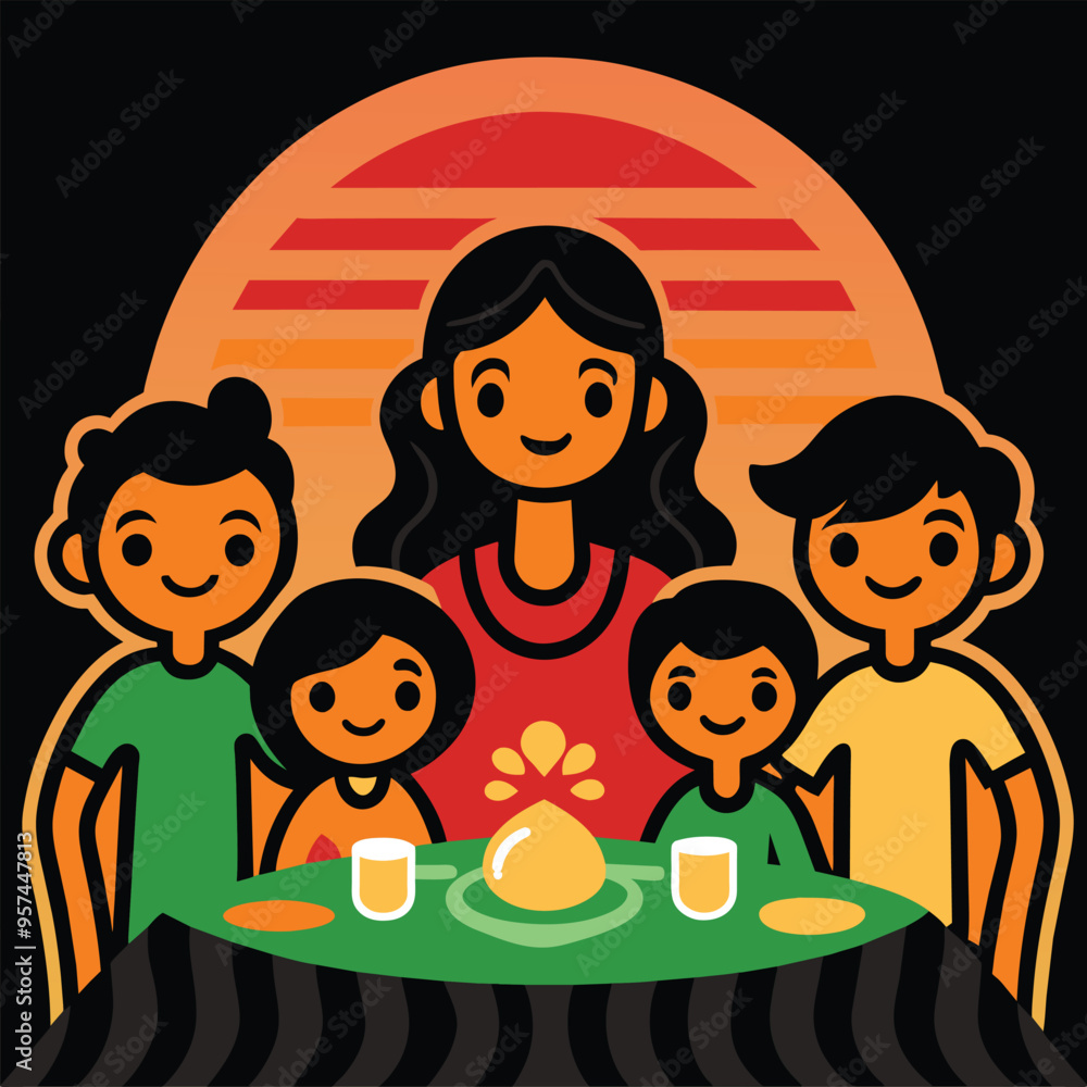 An illustration of a family of five gathered around a table for a meal. The mother is at the center, flanked by two sons and two daughters, all smiling An illustration of a family of five gathered around a table for a meal. The mother is at the center, flanked by two sons and two daughters, all smiling