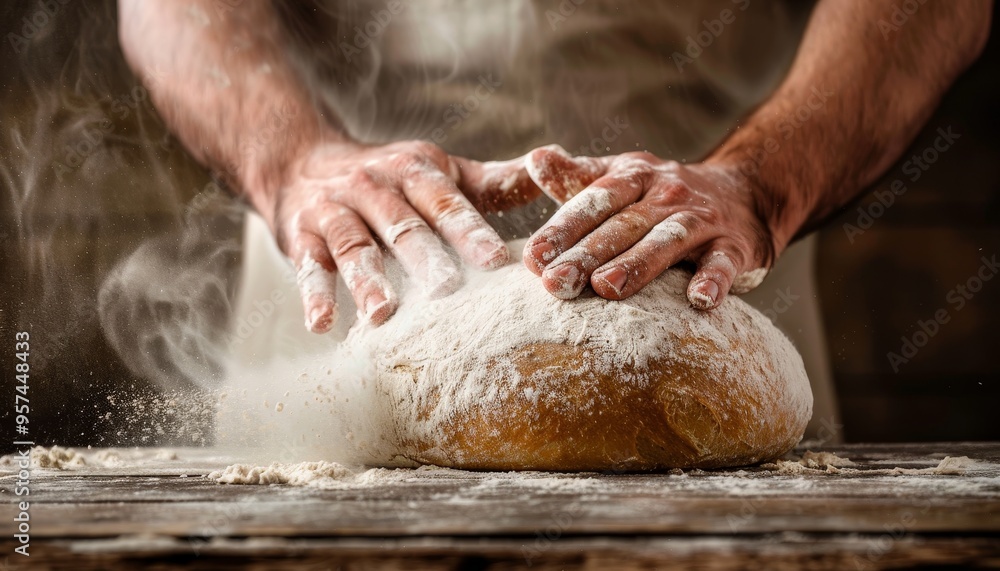 Baker Dusting Freshly Baked Bread Baker Dusting Freshly Baked Bread