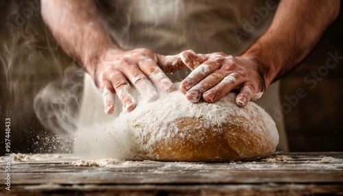 Baker Dusting Freshly Baked Bread