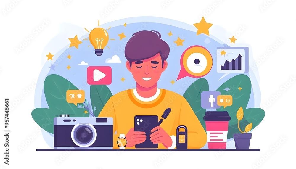 Flat vector illustration of a social media content creator influencer Flat vector illustration of a social media content creator influencer