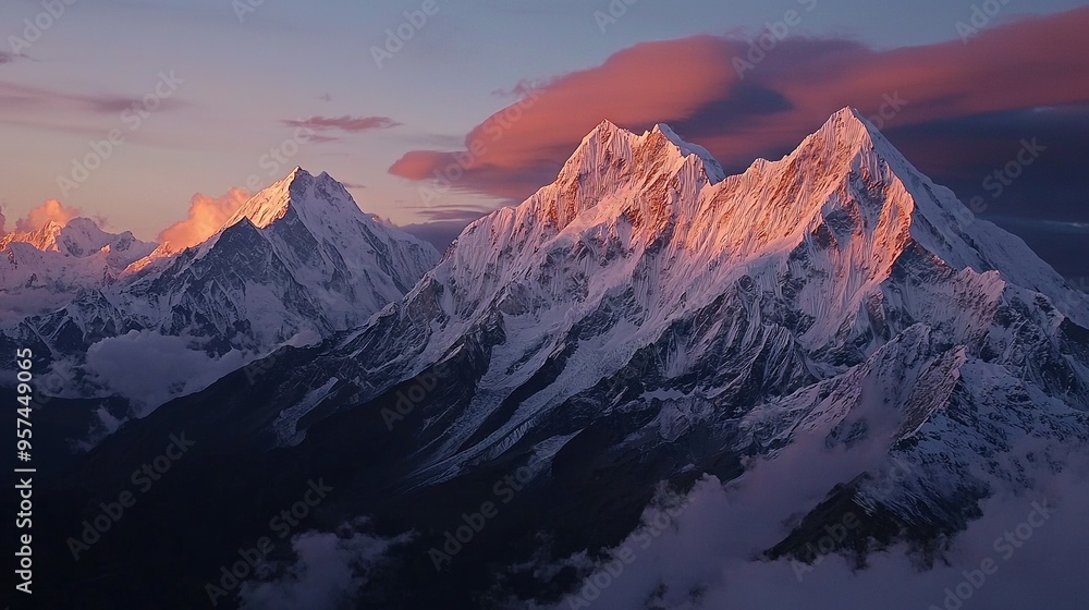 A panoramic image of a mountain peak surrounded by wispy white clouds against a warm, blush-colored sky A panoramic image of a mountain peak surrounded by wispy white clouds against a warm, blush-colored sky