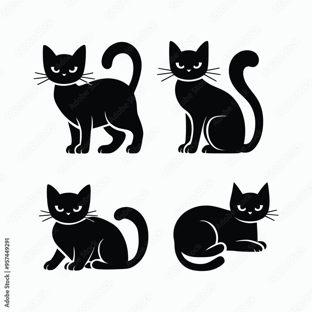 Oriental Cat Silhouette Vector Set Animals Illustration Template
