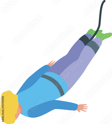 Young woman with blonde hair is upside down, falling through the air, secured to a bungee jumping cord
