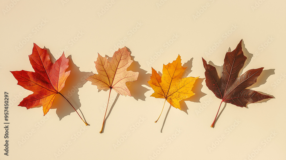Fototapeta premium autumn leaves, like maple and oak, in various shades of orange, red, and yellow against an isolated ecru background