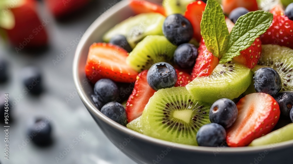 A close-up of a bowl of fresh, colorful fruit salad, with slices of kiwi, strawberries, and blueberries, garnished with mint leaves. A close-up of a bowl of fresh, colorful fruit salad, with slices of kiwi, strawberries, and blueberries, garnished with mint leaves.