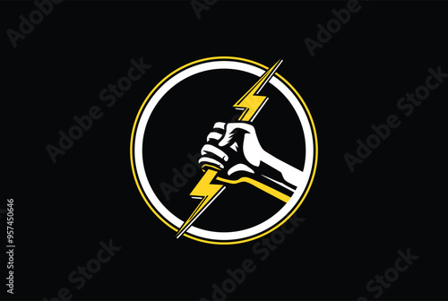 Gym and fitness logo with Fist Lightning Electric