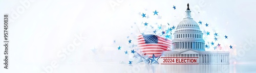 Capitol building, election theme, stars and stripes, 3D illustration