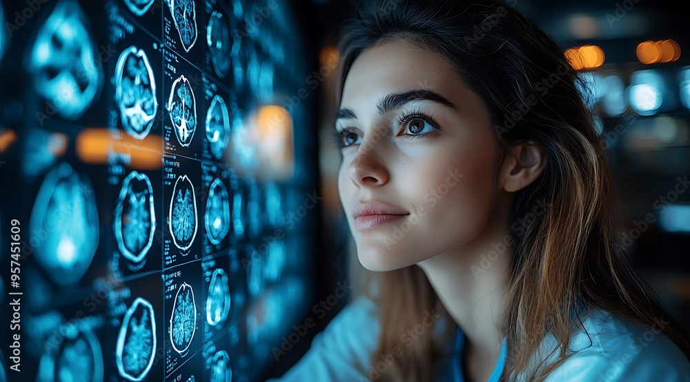 Side profile of a female medical neurologist medical doctor examination of ai x-rays & hospital scans. Artificial intelligence in healthcare & medicine. Neuroscience research innovation Side profile of a female medical neurologist medical doctor examination of ai x-rays & hospital scans. Artificial intelligence in healthcare & medicine. Neuroscience research innovation