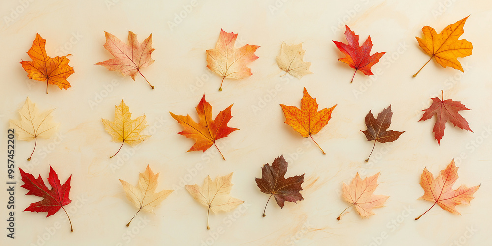 autumn leaves, like maple and oak, in various shades of orange, red, and yellow against an isolated ecru background autumn leaves, like maple and oak, in various shades of orange, red, and yellow against an isolated ecru background