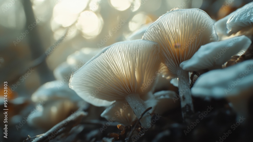 A close-up of delicate forest mushrooms growing on the forest floor, with a soft, diffused light highlighting their intricate textures. A close-up of delicate forest mushrooms growing on the forest floor, with a soft, diffused light highlighting their intricate textures.