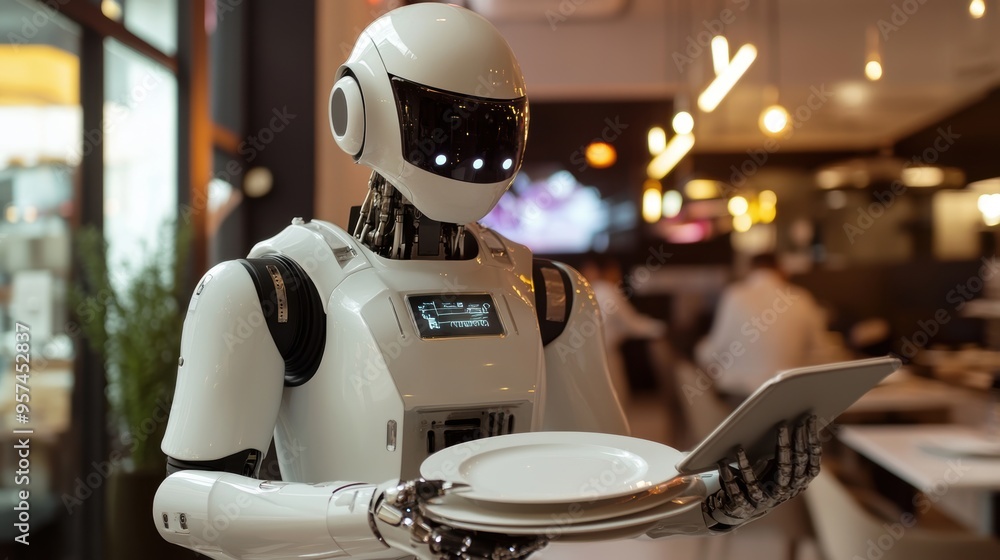 Futuristic Humanoid Robot Waiter Serving Food at Dining Table in Modern Restaurant Futuristic Humanoid Robot Waiter Serving Food at Dining Table in Modern Restaurant