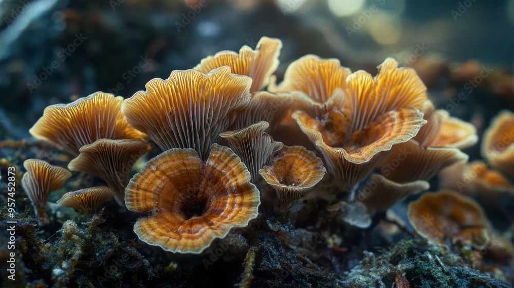 A close-up of delicate forest mushrooms growing on the forest floor, with a soft, diffused light highlighting their intricate textures. A close-up of delicate forest mushrooms growing on the forest floor, with a soft, diffused light highlighting their intricate textures.