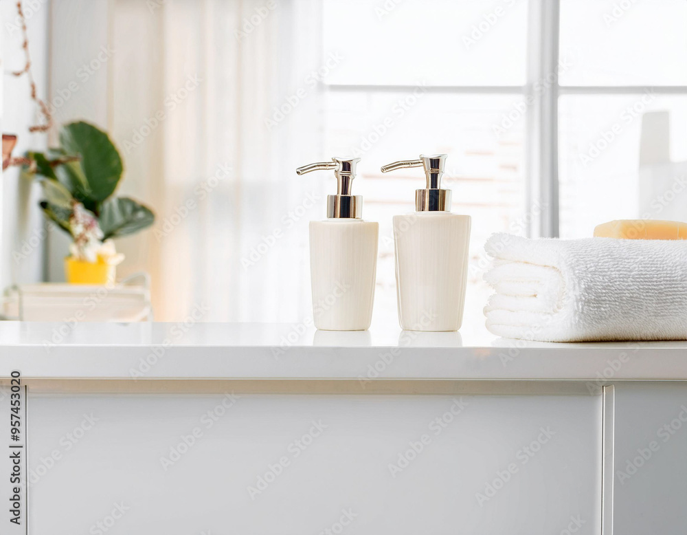 Fototapeta premium Bathroom Essentials: Soap Dispenser, Toothbrushes, and White Towel