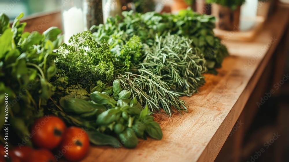 A close-up of farm-fresh herbs and vegetables on a wooden cutting board, ready for preparation in a rustic kitchen. A close-up of farm-fresh herbs and vegetables on a wooden cutting board, ready for preparation in a rustic kitchen.