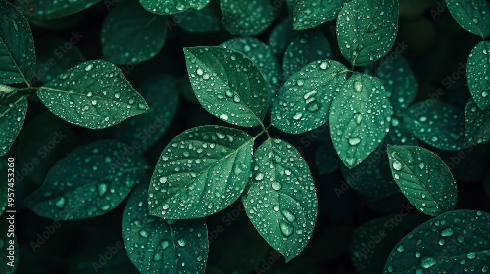 Obraz premium A close-up of forest foliage with dew drops on leaves, showcasing the intricate details and freshness of the woodland environment.