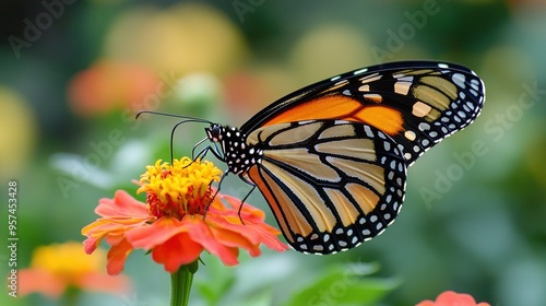  A butterfly rests on a clear-colored flower against a blurred backdrop of bright orange and sunny yellow blooms