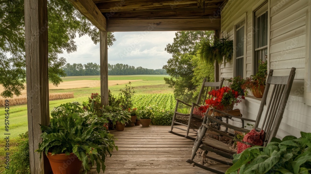 A cozy farmhouse porch with rocking chairs, potted plants, and a scenic view of the surrounding farm fields and pastures. A cozy farmhouse porch with rocking chairs, potted plants, and a scenic view of the surrounding farm fields and pastures.