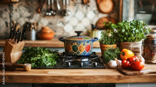 A cozy kitchen scene with a colorful enamel pot on a wooden stove, surrounded by fresh vegetables and herbs ready for cooking.