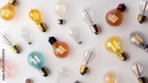 A creative flat lay of light bulbs with different shapes and colors, including Edison bulbs and modern designs, arranged on a white background.