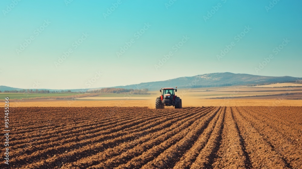 Fototapeta premium A farmer driving a tractor through a plowed field, with freshly turned soil and a clear blue sky above, ready for the next planting.