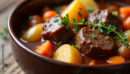 Close-up of a hearty bowl of beef stew with chunks of tender meat, potatoes, and carrots, garnished with fresh thyme.