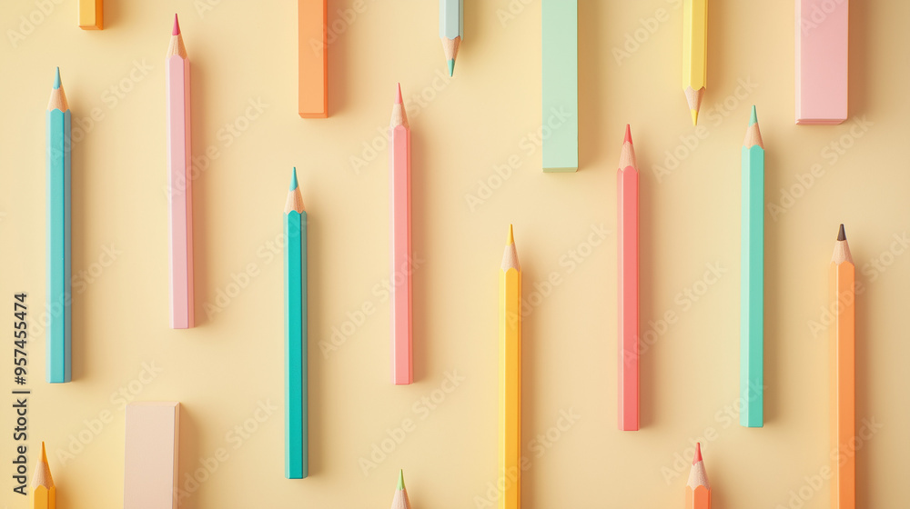colored pencils and various stationery items, like small notebooks, against an isolated pastel cream background colored pencils and various stationery items, like small notebooks, against an isolated pastel cream background