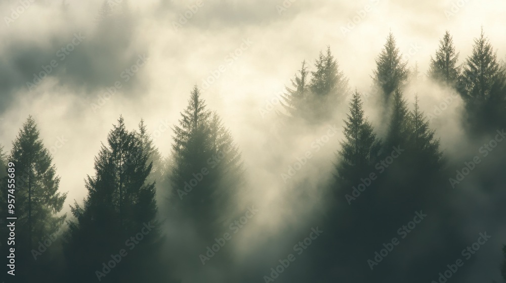 A foggy forest in early morning light, with mist swirling around the trees and creating a mysterious and magical ambiance.