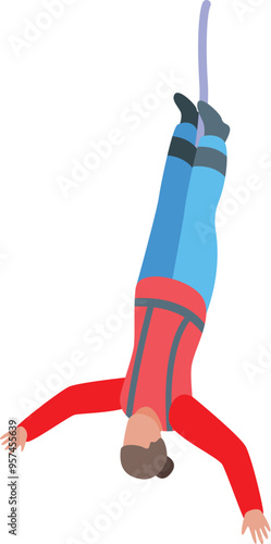 Young woman is falling upside down while bungee jumping from a high place