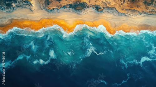 Fototapeta Naklejka Na Ścianę i Meble -  Top-down view of ocean waves crashing against the golden sandy shore, capturing the natural beauty and contrast of the beach and sea. Landscapes