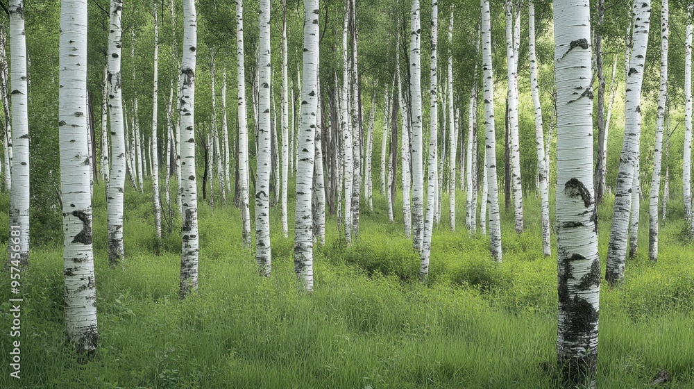Obraz premium A forest with tall, slender birch trees with white bark, creating a striking visual pattern against the surrounding greenery.