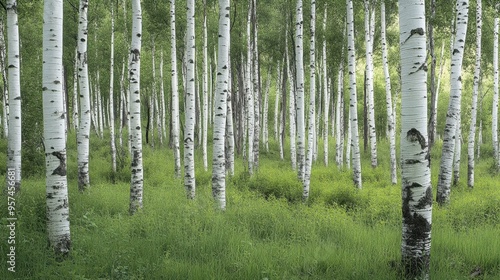 A forest with tall, slender birch trees with white bark, creating a striking visual pattern against the surrounding greenery.