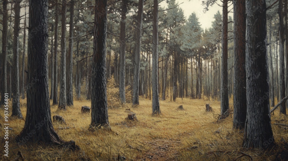Fototapeta premium A forest with towering pine trees and a carpet of fallen needles, creating a rustic and serene woodland atmosphere.