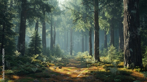 A forest with towering pine trees and a carpet of fallen needles, creating a rustic and serene woodland atmosphere.