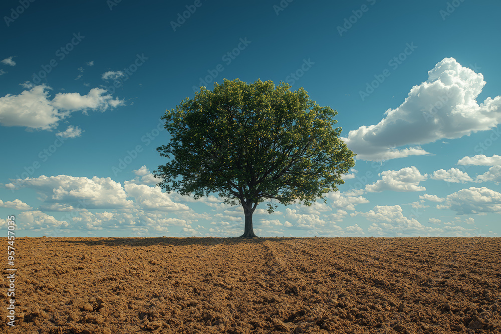 Obraz premium A barren field with a single tree struggling to thrive under a cloudless sky. Concept of land degradation and the loss of arable land.