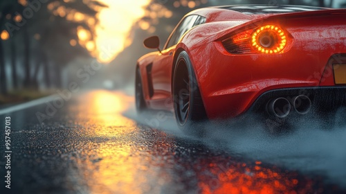 Close-up of a luxury sports car driving on a wet road, rearview of a shiny red car in the rain, taillights glowing, speed and power, high-performance vehicle, automotive photography