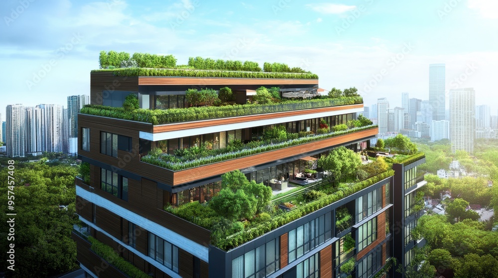A high-rise apartment building with a rooftop garden, showcasing green living and urban sustainability in a cityscape setting. A high-rise apartment building with a rooftop garden, showcasing green living and urban sustainability in a cityscape setting.