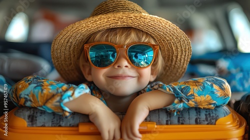 Happy little toddler boy wearing a straw hat and sunglasses, leaning on a bright orange suitcase while smiling, ready for a fun vacation, travel adventure in summer. photo