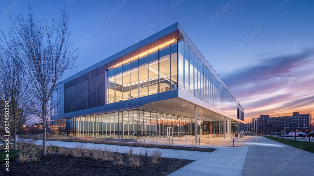 A modern conference center with a large glass atrium, sleek design, and surrounding outdoor spaces, set against a city backdrop. A modern conference center with a large glass atrium, sleek design, and surrounding outdoor spaces, set against a city backdrop.