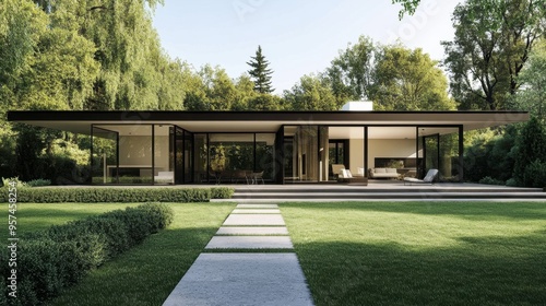 A minimalist modern house with clean lines and large glass windows, set in a serene landscape with manicured lawns.